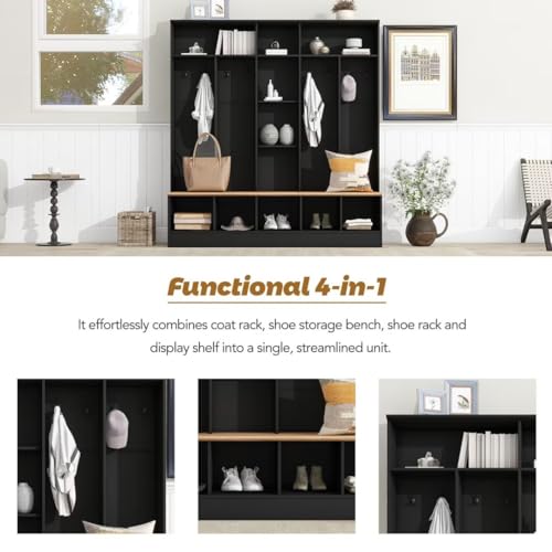 72" H Hall Tree with Storage Bench & Shoe Cabinet, Coat Rack with 8 Hooks, Black k7