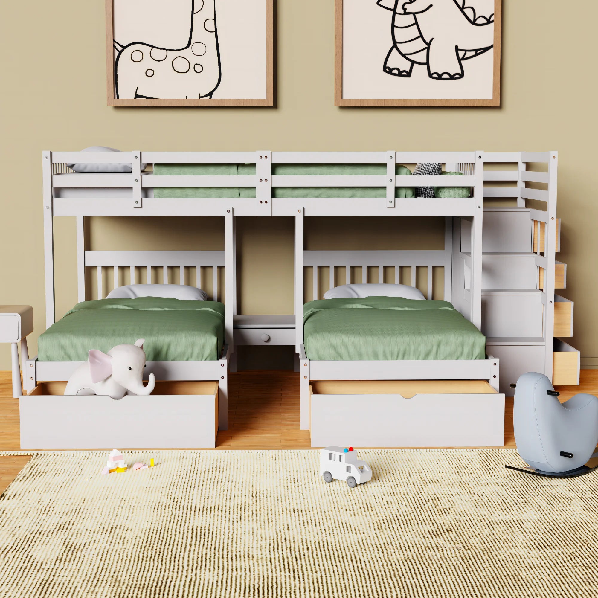 Twin & Twin Bunk Bed with Drawers and Guardrails k7