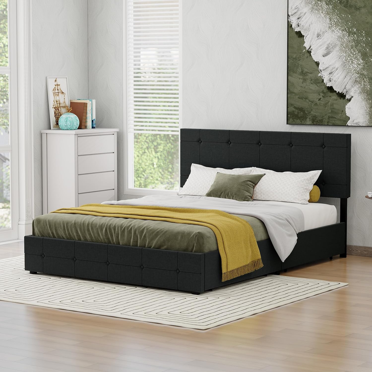 Linen Upholstered Queen Platform Bed Frame with 4 Drawers K7