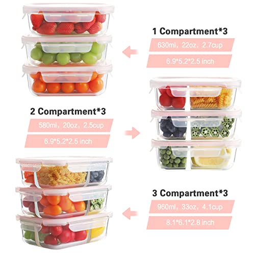 Glass Meal Prep Containers 3 Compartment with Lids Airtight Bento Boxes BPA-Free Leak Proof Grey k7