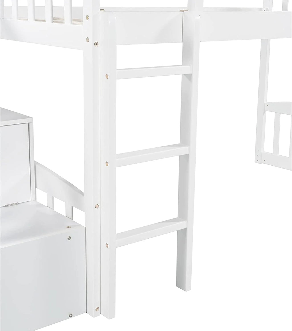 Loft Bed with Slide and Stairs, Wooden Frame with Storage, White k7
