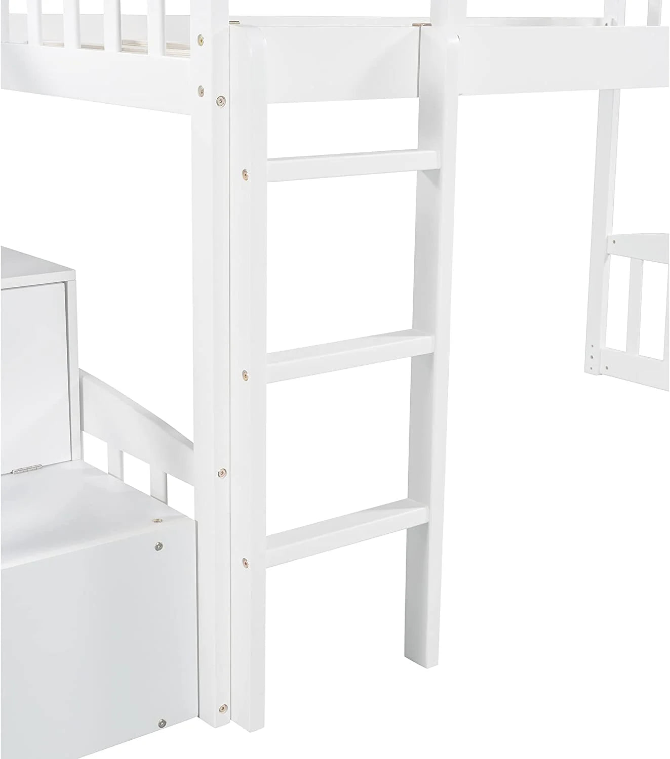 Loft Bed with Slide and Stairs, Wooden Frame with Storage, White k7