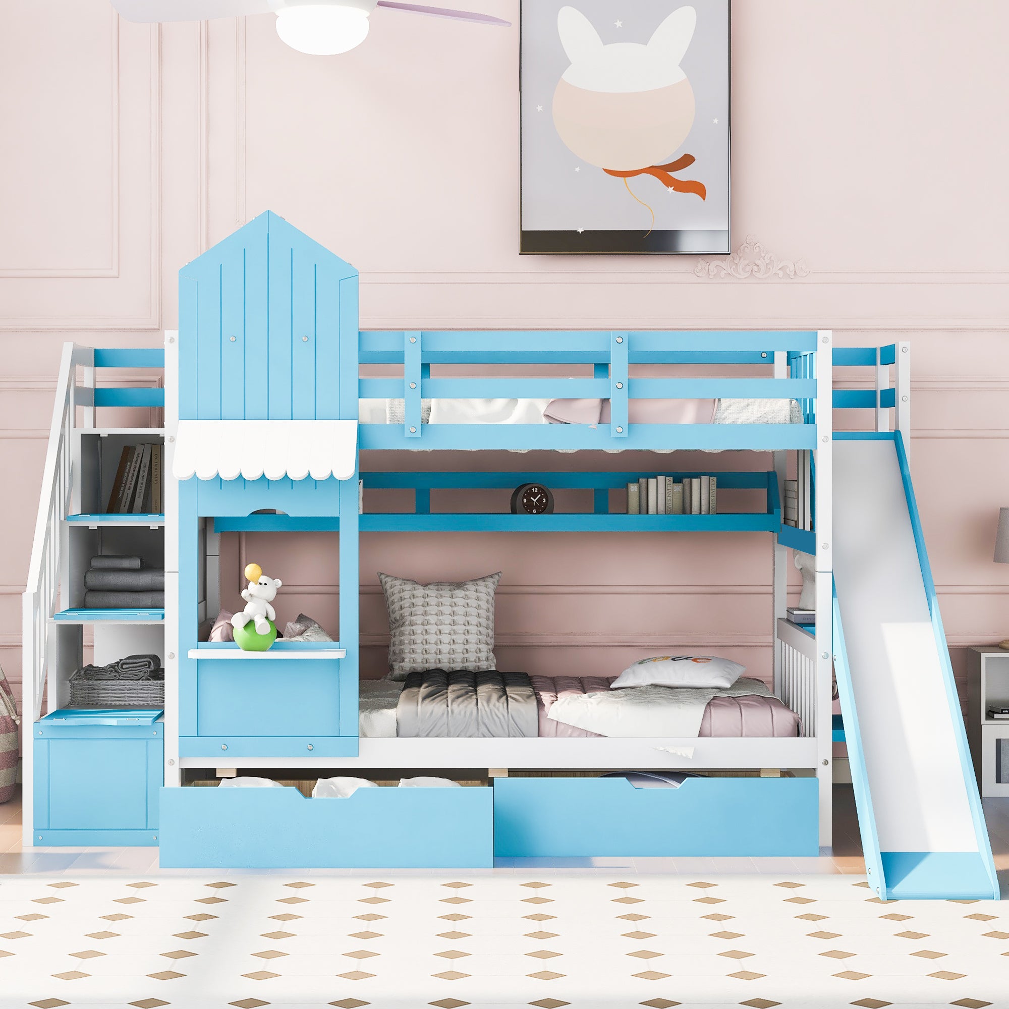 Kids Twin Bunk Bed with Slide and Drawers a7