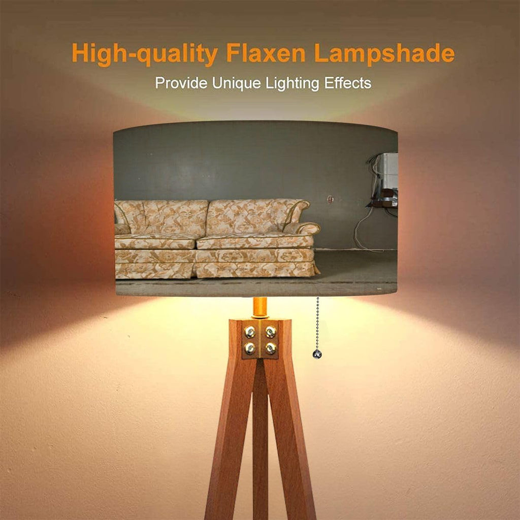 Wood Tripod Floor Lamp Linen Shade Dimmable Tall a7