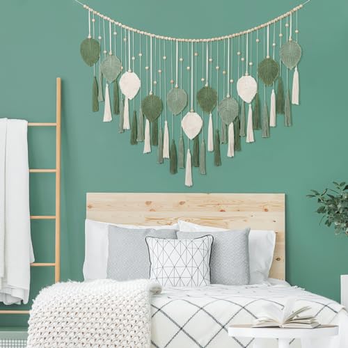 Macrame Wall Hanging Beige Green Boho Tapestry Wooden Beads Handmade Decor k7