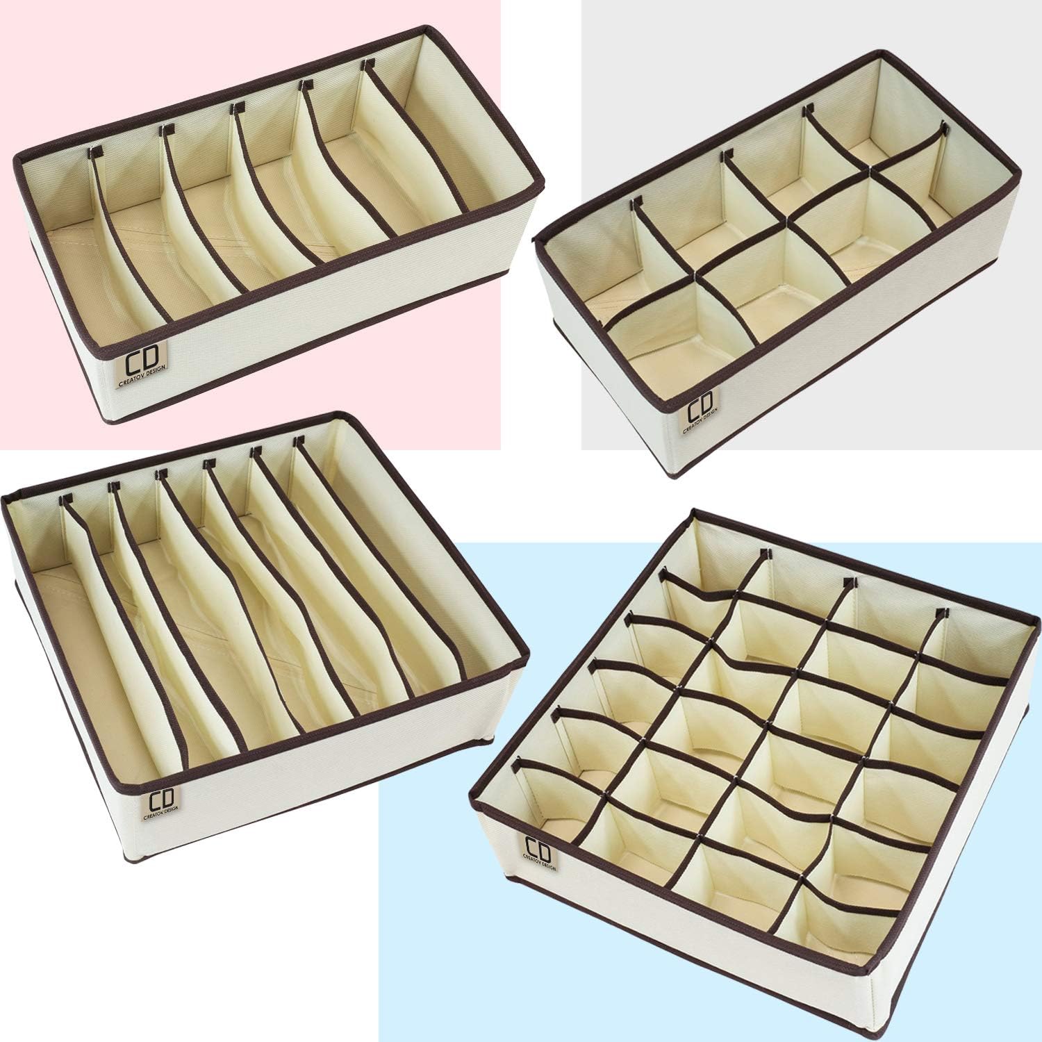 Fabric Storage Box Organizer Set of 4 Beige Collapsible q7