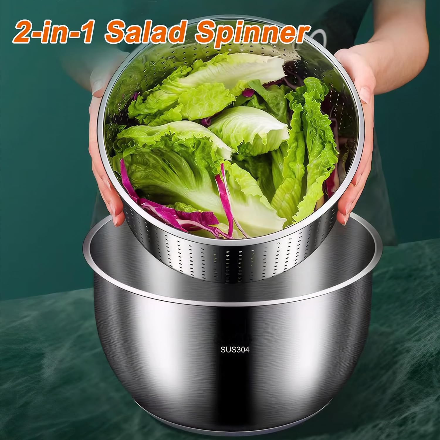 Large Salad Spinner 6L Stainless Steel with Washing Basket a7