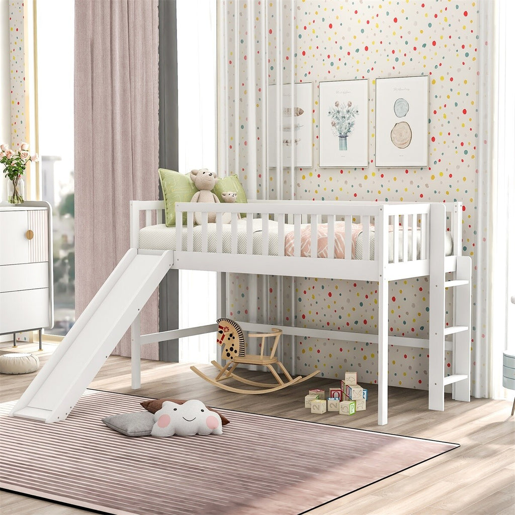 MERAX  Wooden Low Loft Bed with Slide and Ladder for Kids White