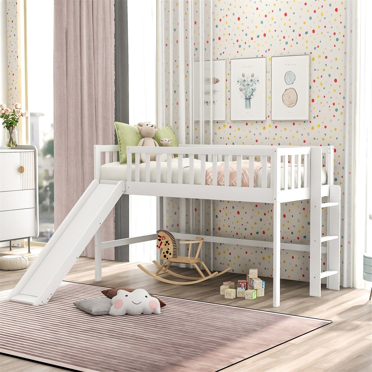 MERAX  Wooden Low Loft Bed with Slide and Ladder for Kids White