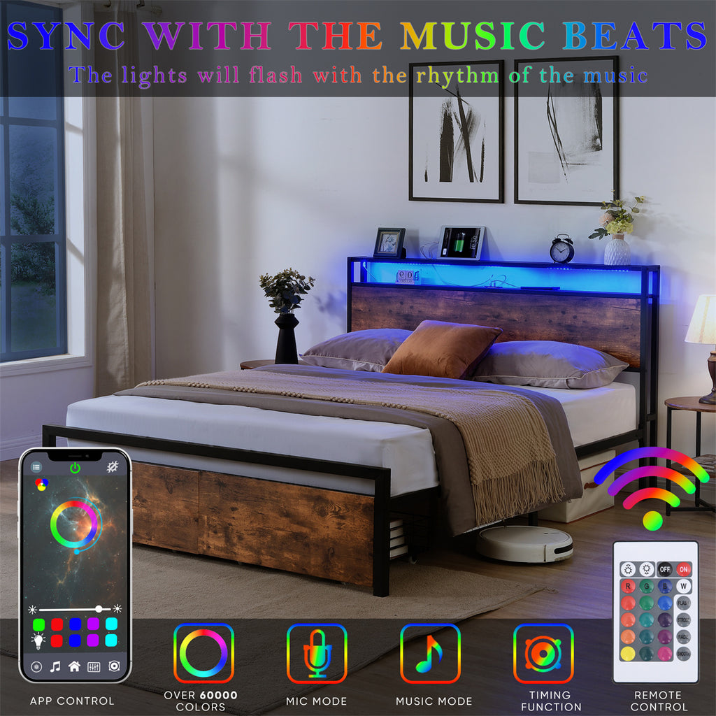 Queen Size Bed Frame with Storage Headboard and Drawers LED Lights A7