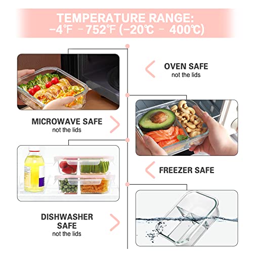 Glass Meal Prep Containers 3 Compartment with Lids Airtight Bento Boxes BPA-Free Leak Proof Grey k7
