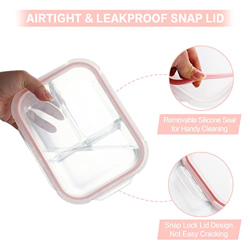 Glass Meal Prep Containers 3 Compartment with Lids Airtight Bento Boxes BPA-Free Leak Proof Grey k7