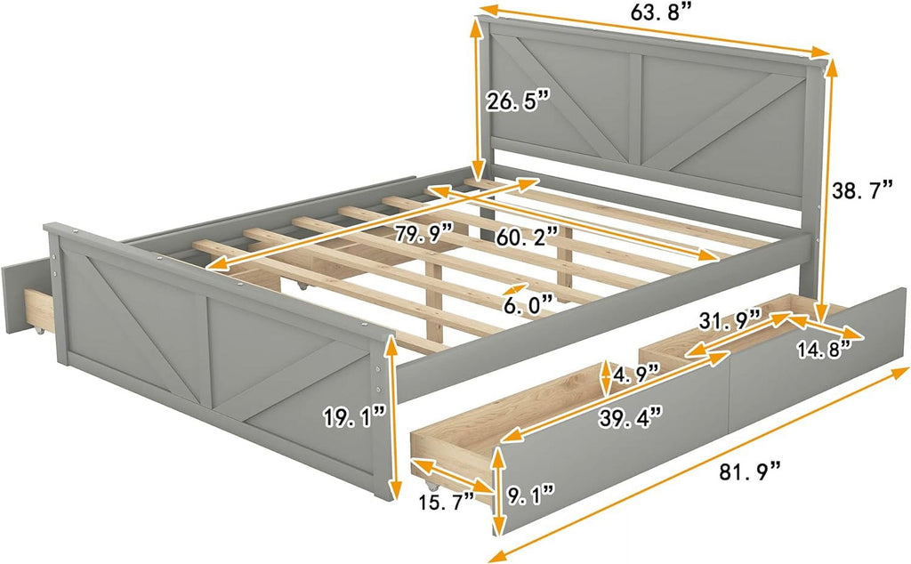 Queen Bed Frame with 4 Storage Drawers Wood Platform Gray k7