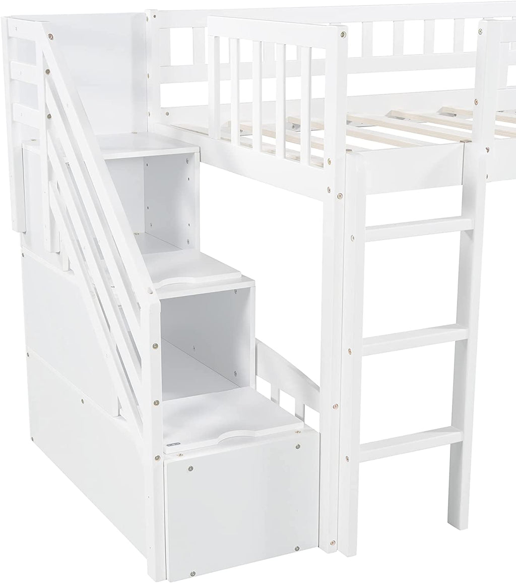 Loft Bed with Slide and Stairs, Wooden Frame with Storage, White k7