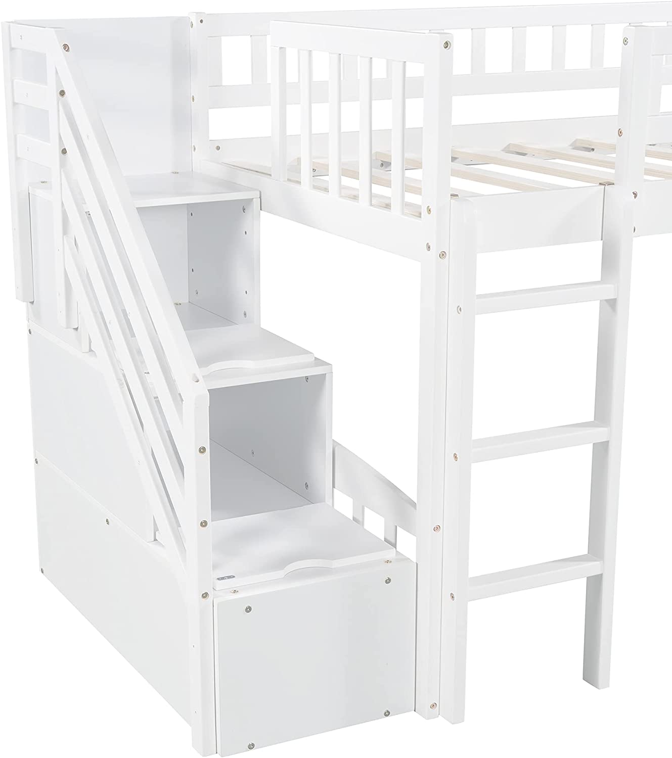 Loft Bed with Slide and Stairs, Wooden Frame with Storage, White k7