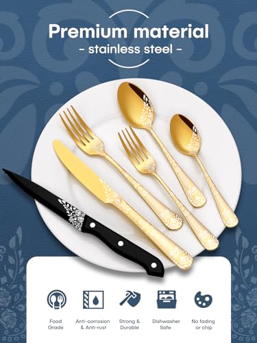 48-Piece Silverware Set with Steak Knives, Black Flatware for 8, Stainless Steel Cutlery Set a7