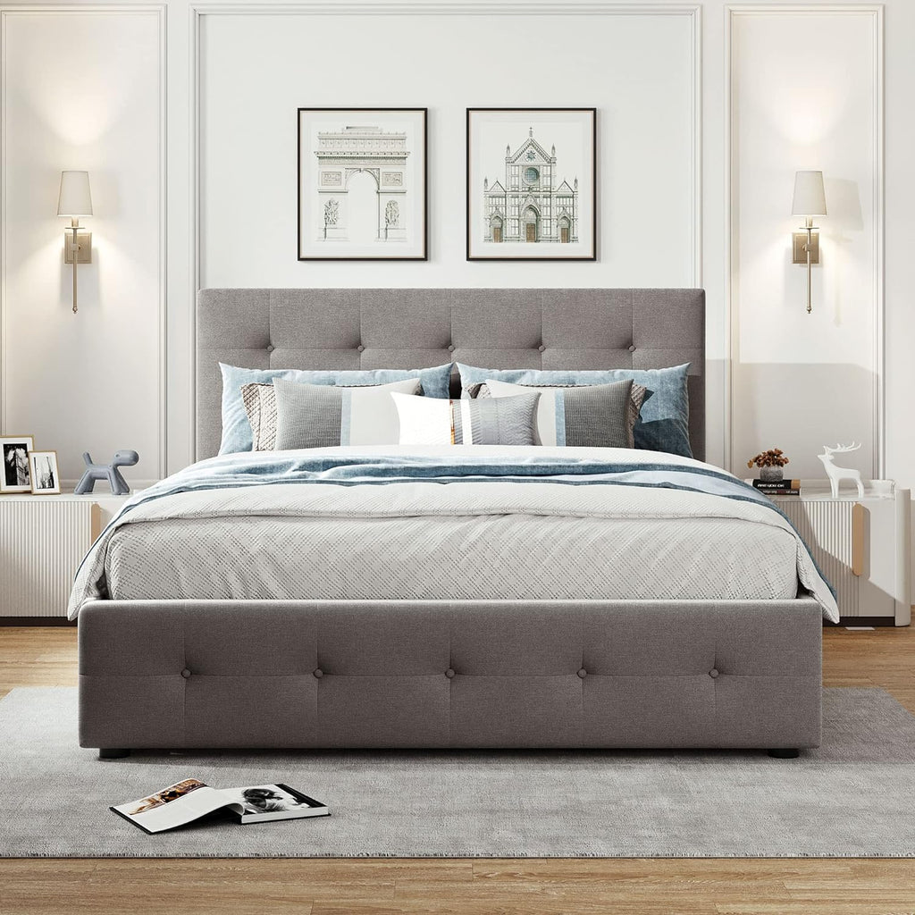 Upholstered Platform Bed with Storage Drawers, Light Gray Q7
