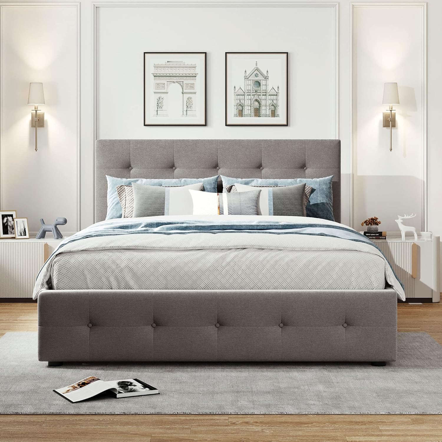 Upholstered Platform Bed with Storage Drawers, Light Gray Q7
