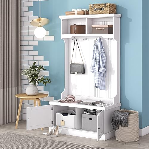 Hall Tree with Shoe Bench and 4 Hooks White k7