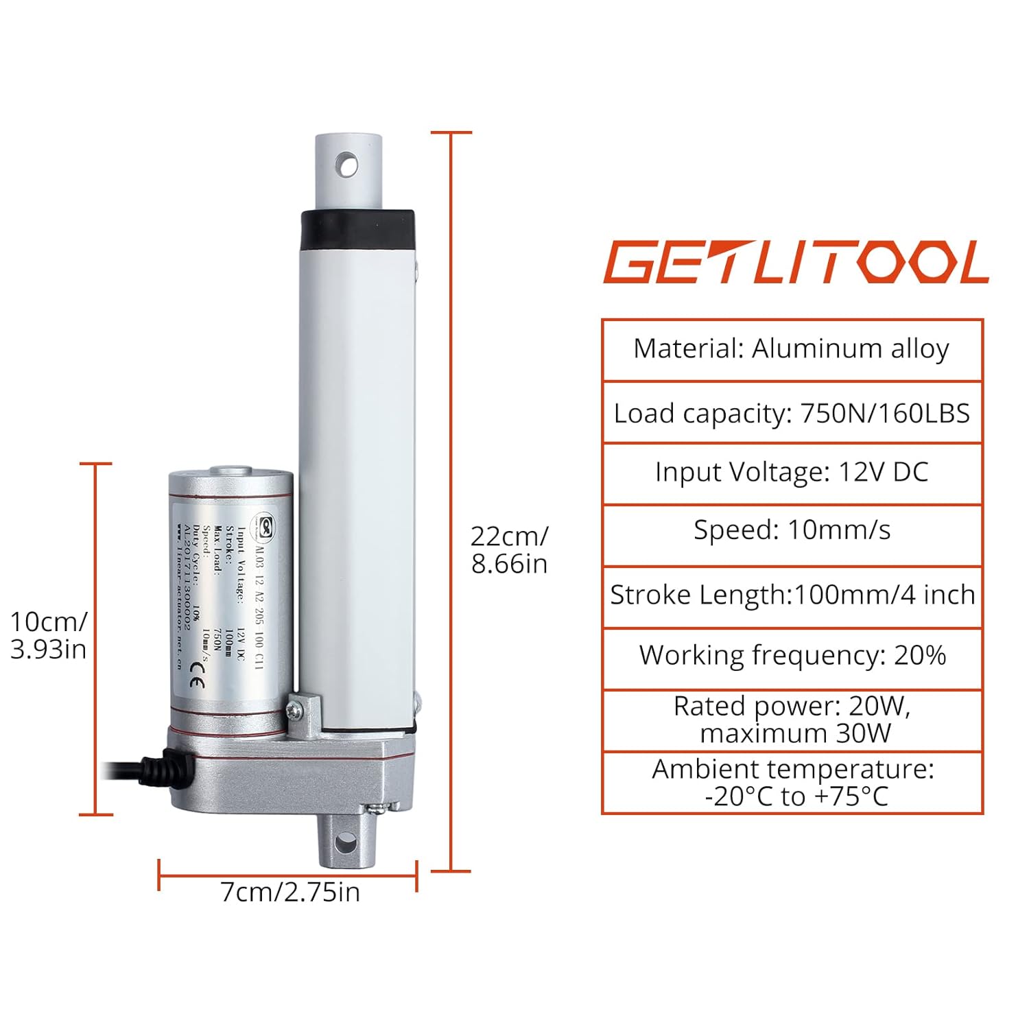 Electric Linear Actuator 100mm 12V Heavy Duty 750N A7
