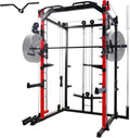 Mikolo Smith Machine, Multi-Functional Power Cage with LAT Pulldown System, Weight Cage Squat Rack with Weight Bar, Landmine, Dip Bars, T-Bar and Other Attachements (2022 Version)