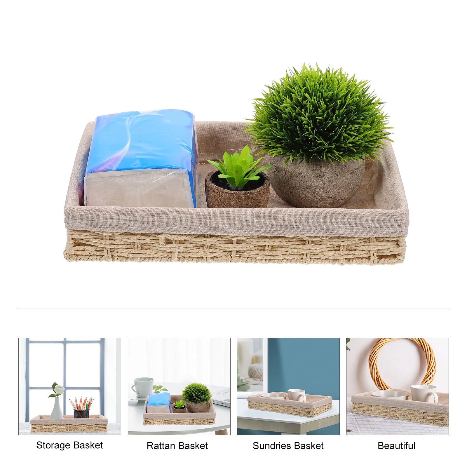 Woven Storage Basket Rattan Bin Beige k7
