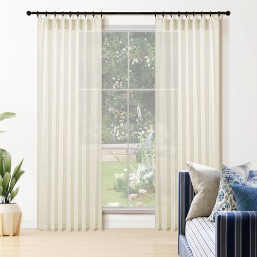 Natural Pinch Pleated Curtains 2 Panels, Linen Textured Semi Sheer 84 Inch, Light Filtering Voile Drapes a7