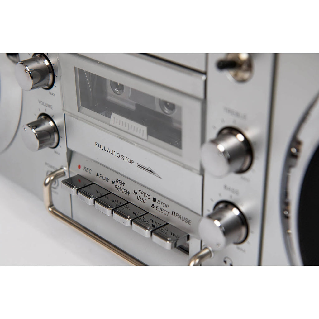 Bluetooth Boombox 80W CD Cassette FM USB Silver k7