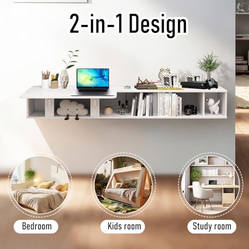 Floating Desk with Storage Shelves, Wall Mounted, Dark Grey k7