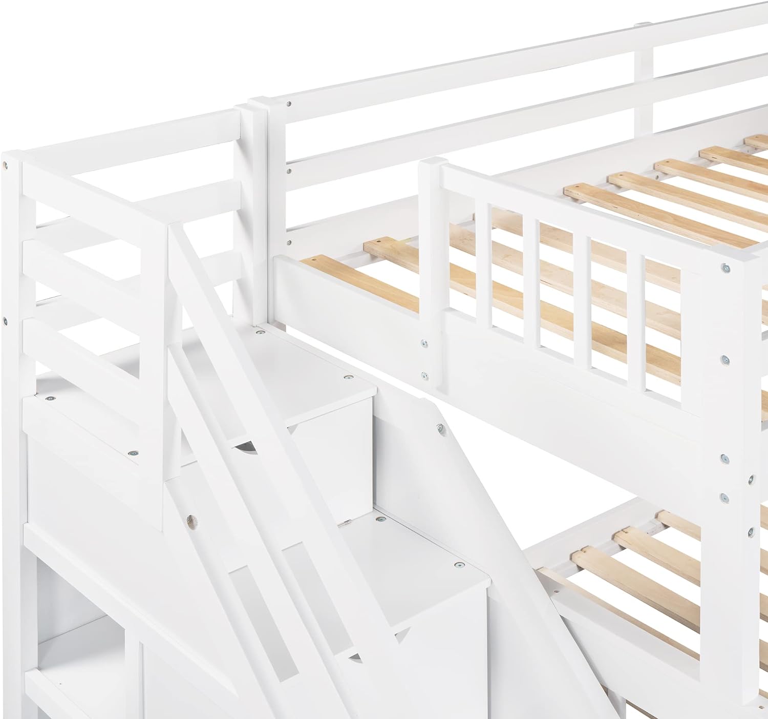 Triple Bunk Bed with Stairs and Storage Drawers White 7k