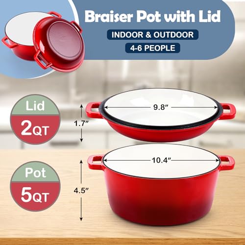 Enameled Cast Iron Dutch Oven 5 QT with Skillet Lid Pan A7
