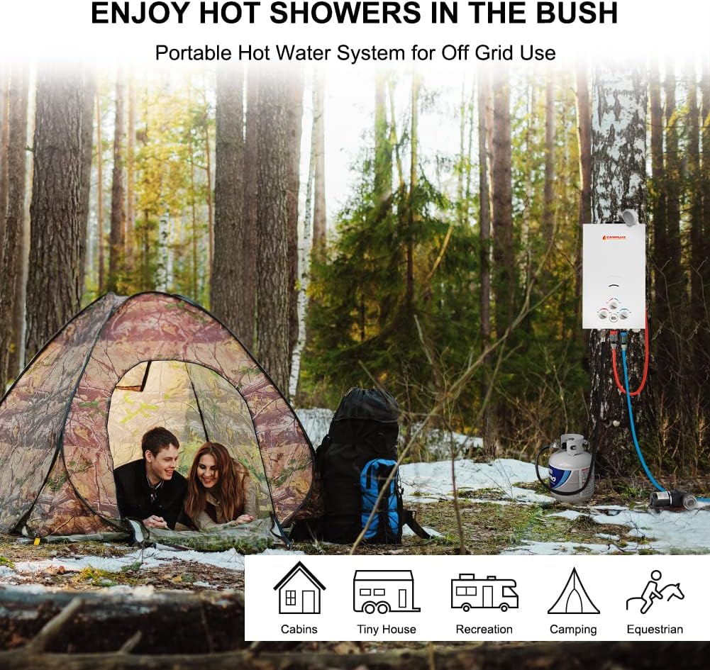 Camplux Propane Portable Tankless Water Heater Outdoor 2.64 GPM Instant Hot Camping Showers with 3.3 GPM Water Pump & Pipe Strainer k7m