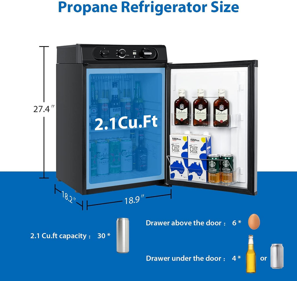 Propane Refrigerator 3 Way Camper Fridge 2.1 Cu.Ft RV Off-Grid Black k7