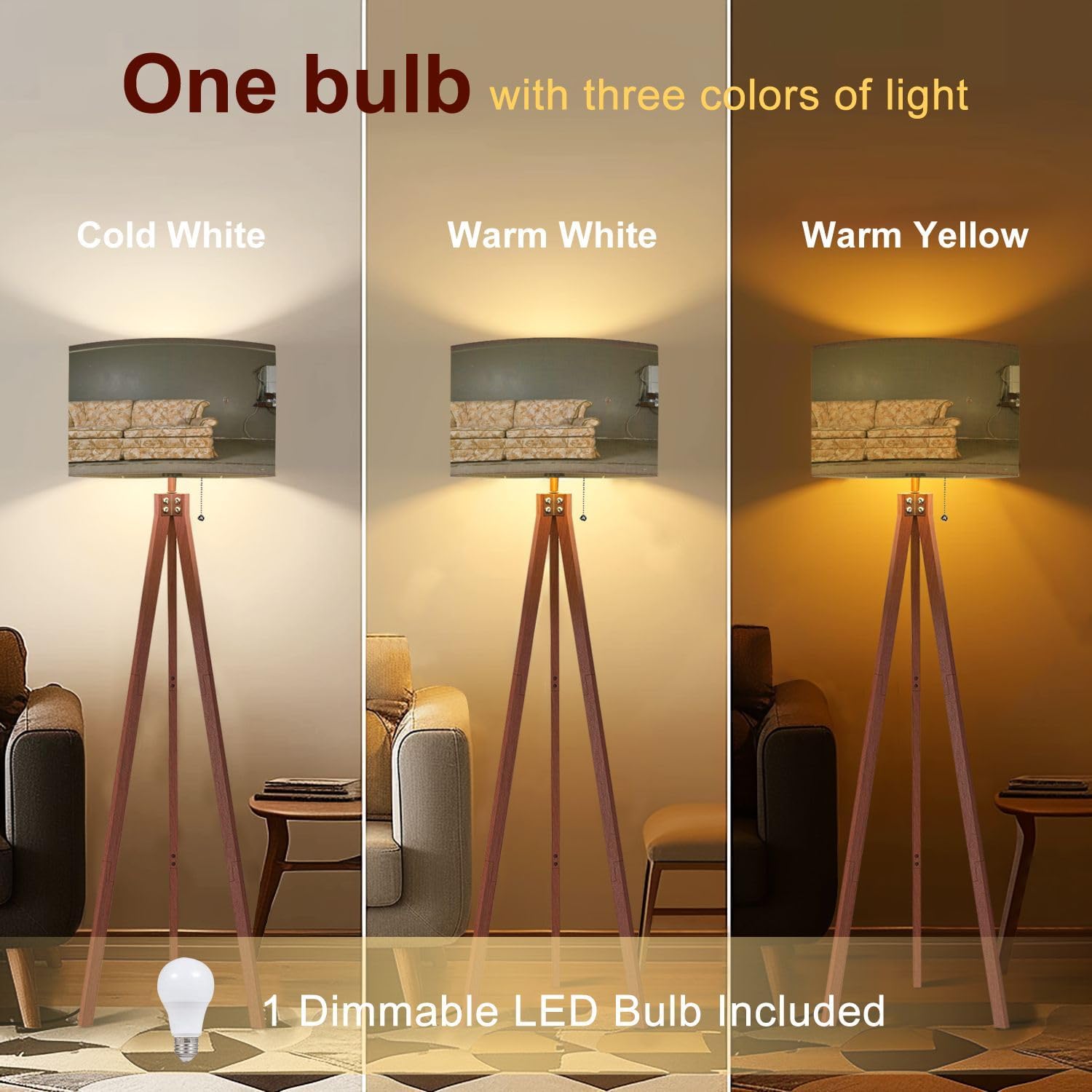 Wood Tripod Floor Lamp Linen Shade Dimmable Tall a7