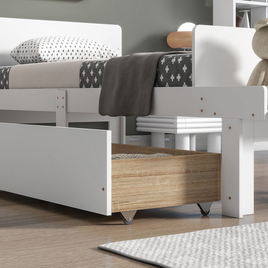 Twin Size Wood Platform Bed Frame with Headboard and 2 Storage Drawers White k7