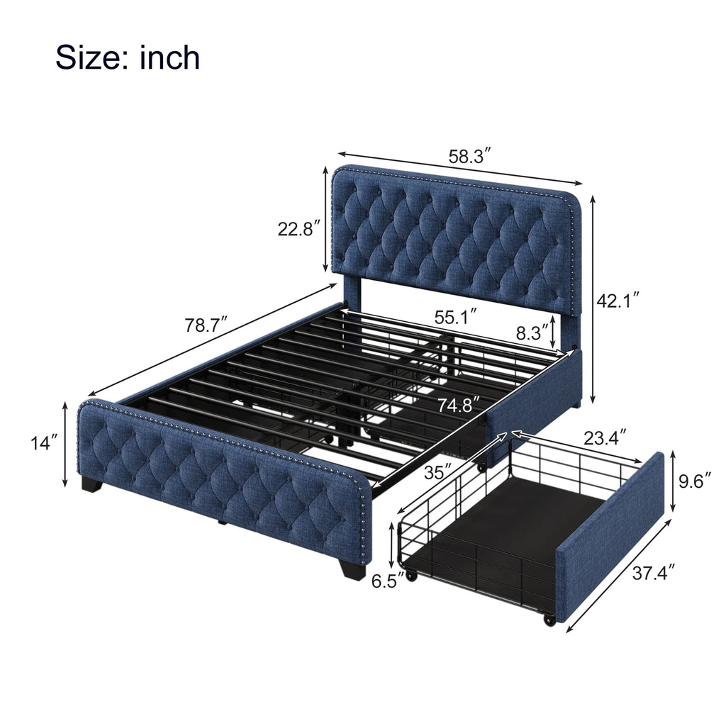 Upholstered Platform Bed Frame with Drawers, Tufted Headboard, Full A7