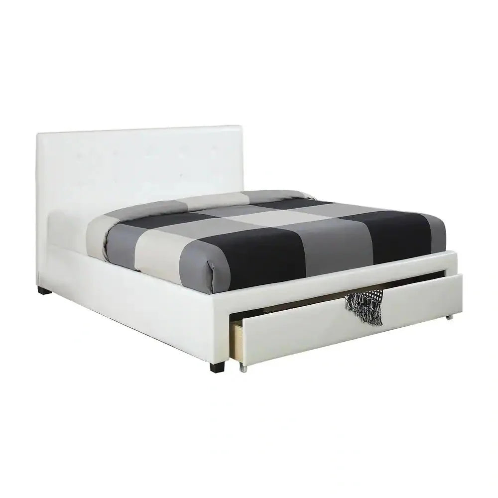 White Full Size Bed with Underbed Storage Drawers Wooden Tufted Upholstered Faux Leather A7