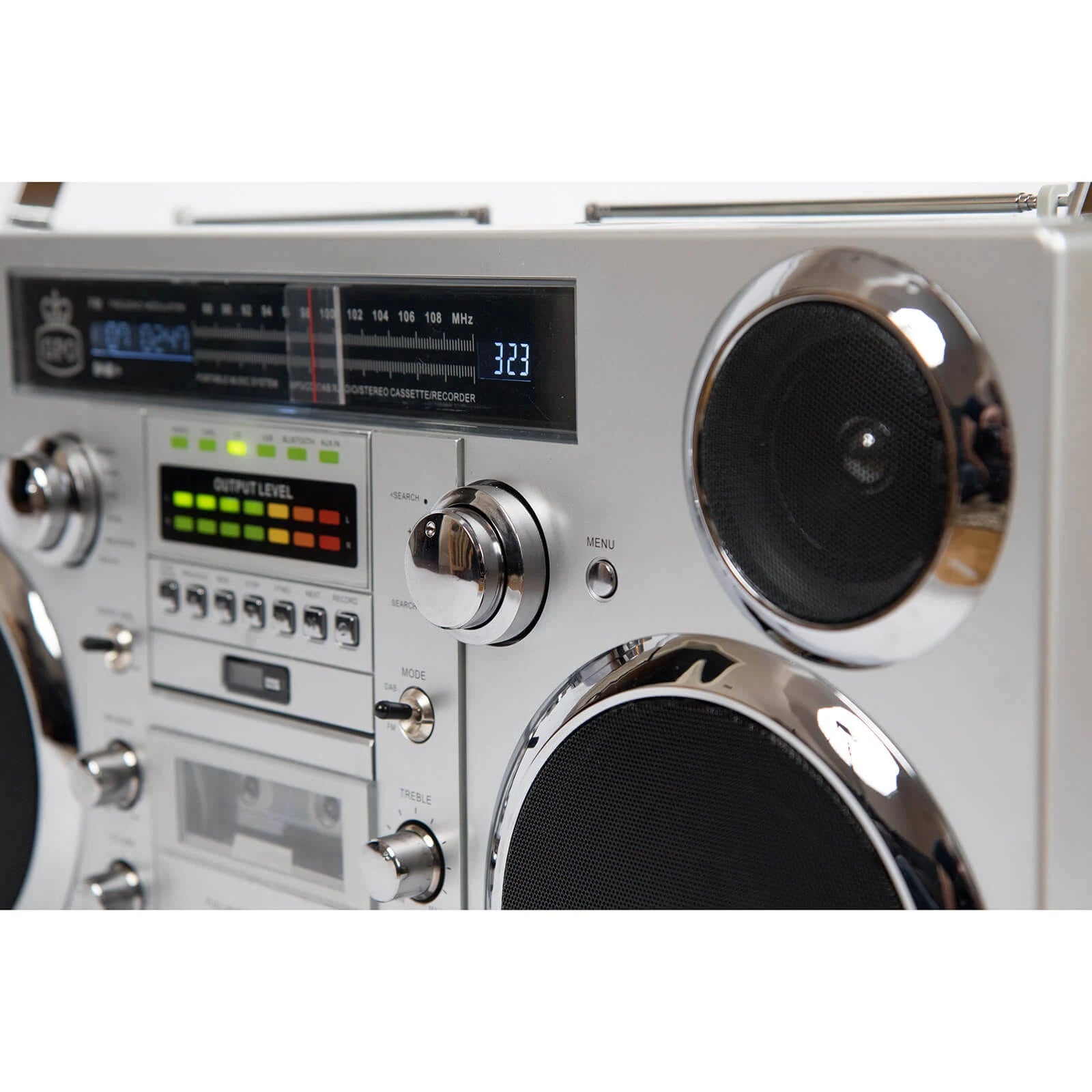 Bluetooth Boombox 80W CD Cassette FM USB Silver k7