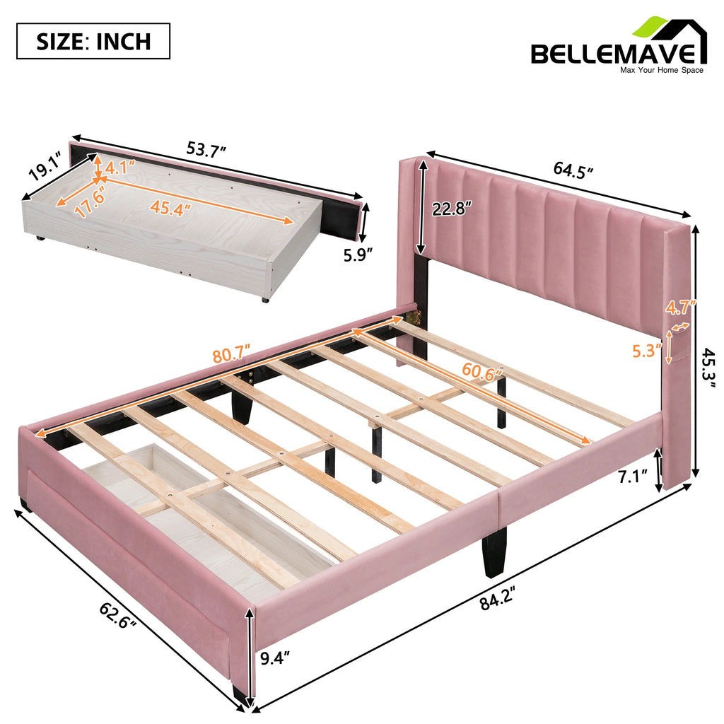 Queen Size Pink Velvet Upholstered Platform Bed with Drawer A7