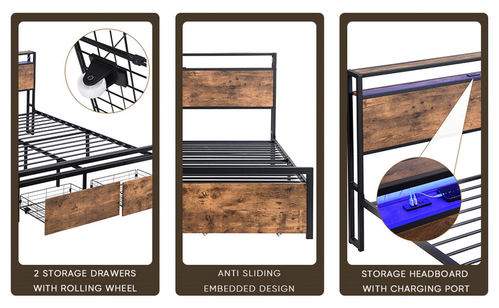 Queen Size Bed Frame with Storage Headboard and Drawers LED Lights A7