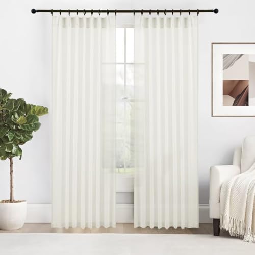 Natural Pinch Pleated Curtains 2 Panels, Linen Textured Semi Sheer 84 Inch, Light Filtering Voile Drapes a7