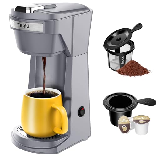 Single Serve Coffee Maker for K Cup & Ground Coffee, One Cup Coffee Machine 14 oz Fast Brewing, Fits Travel Mug 6.7", CM-208, Gray