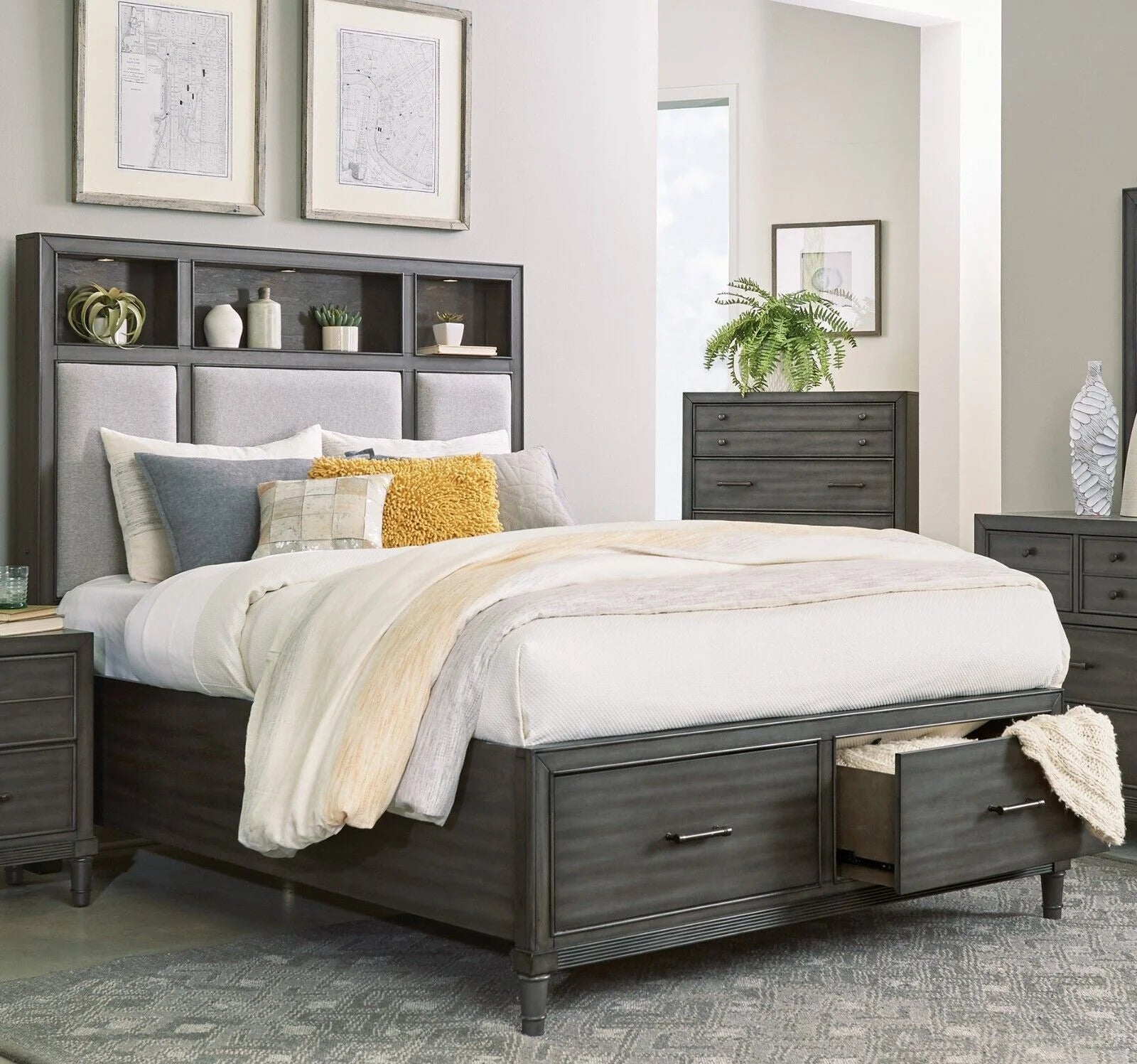 Transitional Style Platform Bed Queen Size w Footboard Storage USB Port Bookshelves LED Light Headboard Modern Furniture
