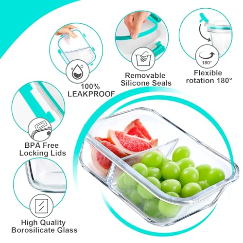 Glass Meal Prep Containers 2 Compartment 36OZ Airtight with Lids Grey k7