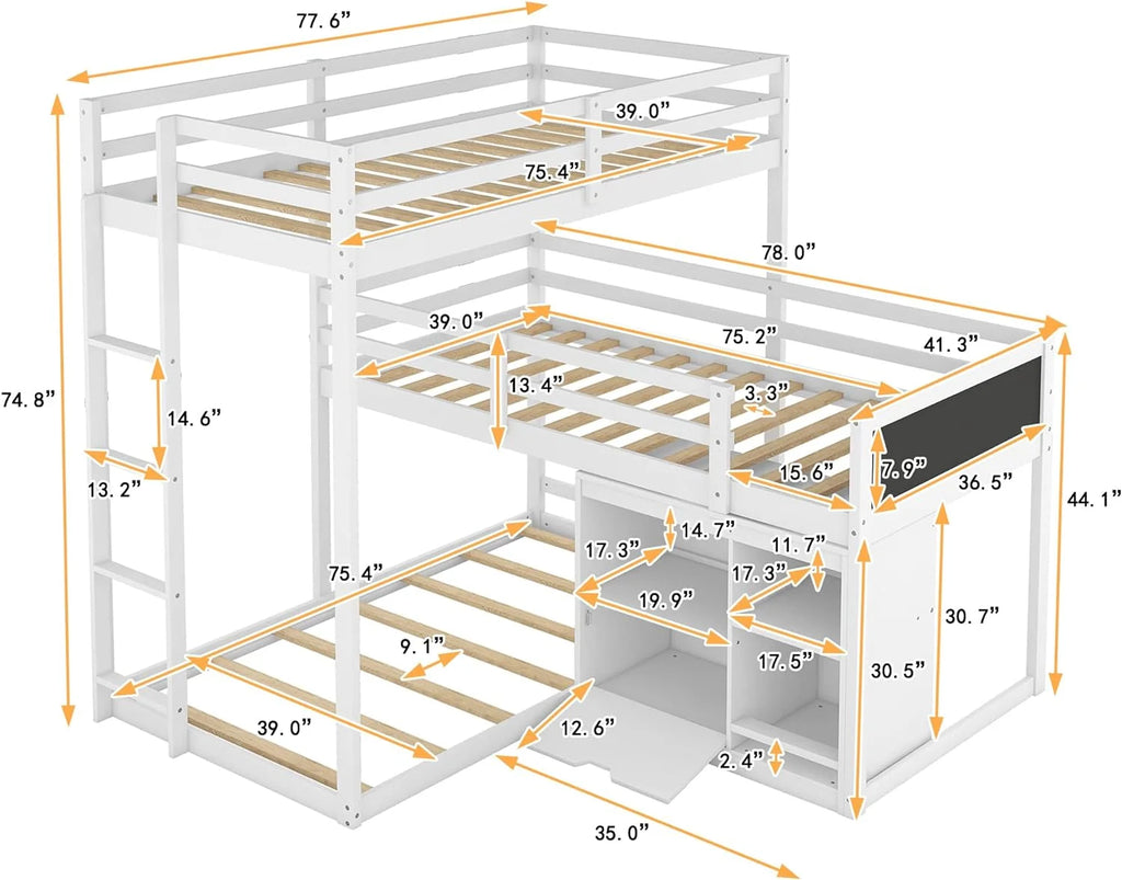 Triple Bunk Bed with Cabinet and Ladder White 7k