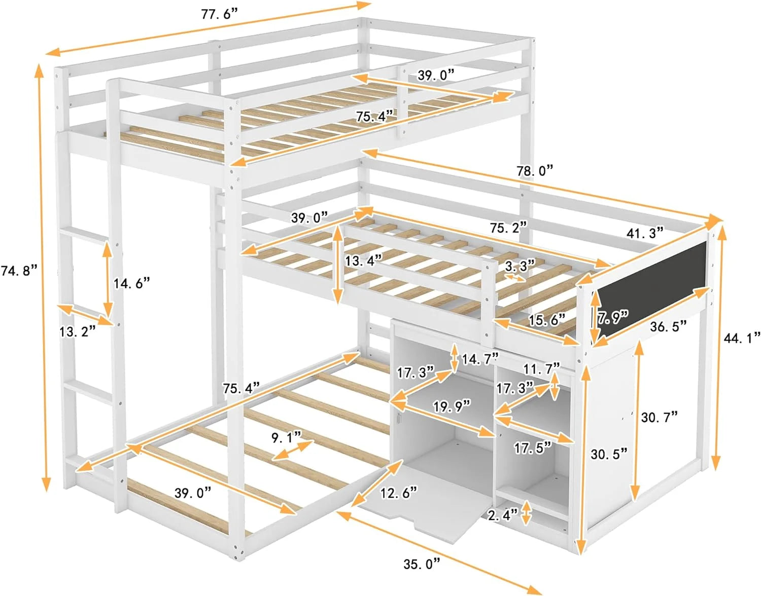 Triple Bunk Bed with Cabinet and Ladder White 7k