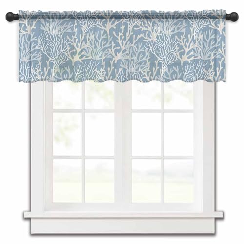 Summer Ocean Coral Valance Curtains for Kitchen/Living Room/Bathroom/Bedroom Window,Rod Pocket Small Topper Half Short Window Curtains Voile Sheer Scarf, Nautical Coastal Sea Ombre Solid Blue 54"x18"