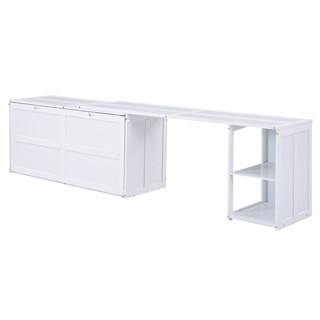 Queen Size Murphy Bed with Rotable Desk & 2 Storage Shelves, Space-Saving Design Solid Pine Wood Floor Bed Frame, White
