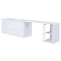 Queen Size Murphy Bed with Rotable Desk & 2 Storage Shelves, Space-Saving Design Solid Pine Wood Floor Bed Frame, White