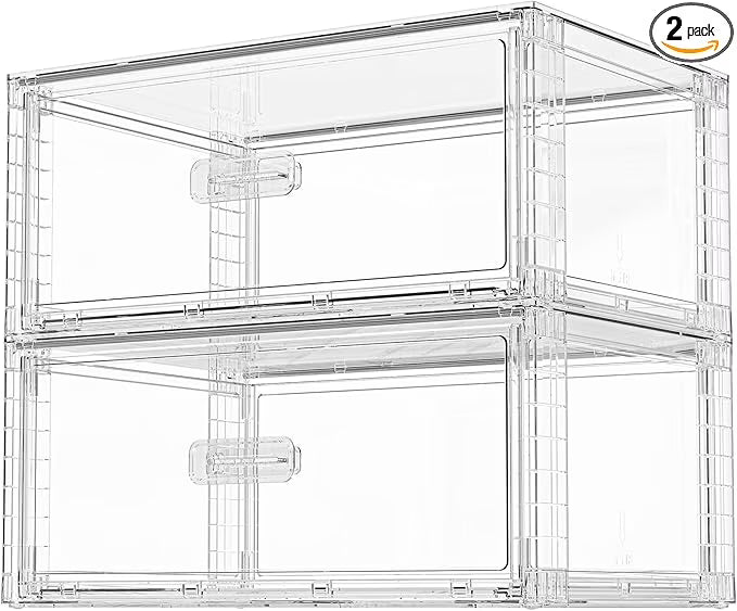 2 Pack Large Clear Stackable Storage Drawers 27QT, Easily Assemble Plastic Closet Storage Bins, Dust-Proof UnderBed Organizer for Clothing, Sweater Organization
